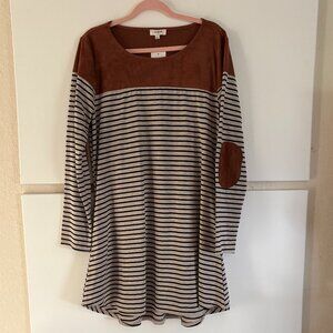 Umgee Cotton Faux Suede Striped w/Elbow Pads and Pockets Mini Dress Size L NWT